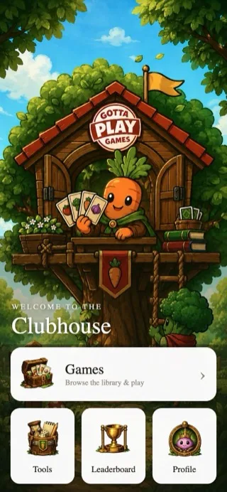 The Gotta Play Games Clubhouse app home screen