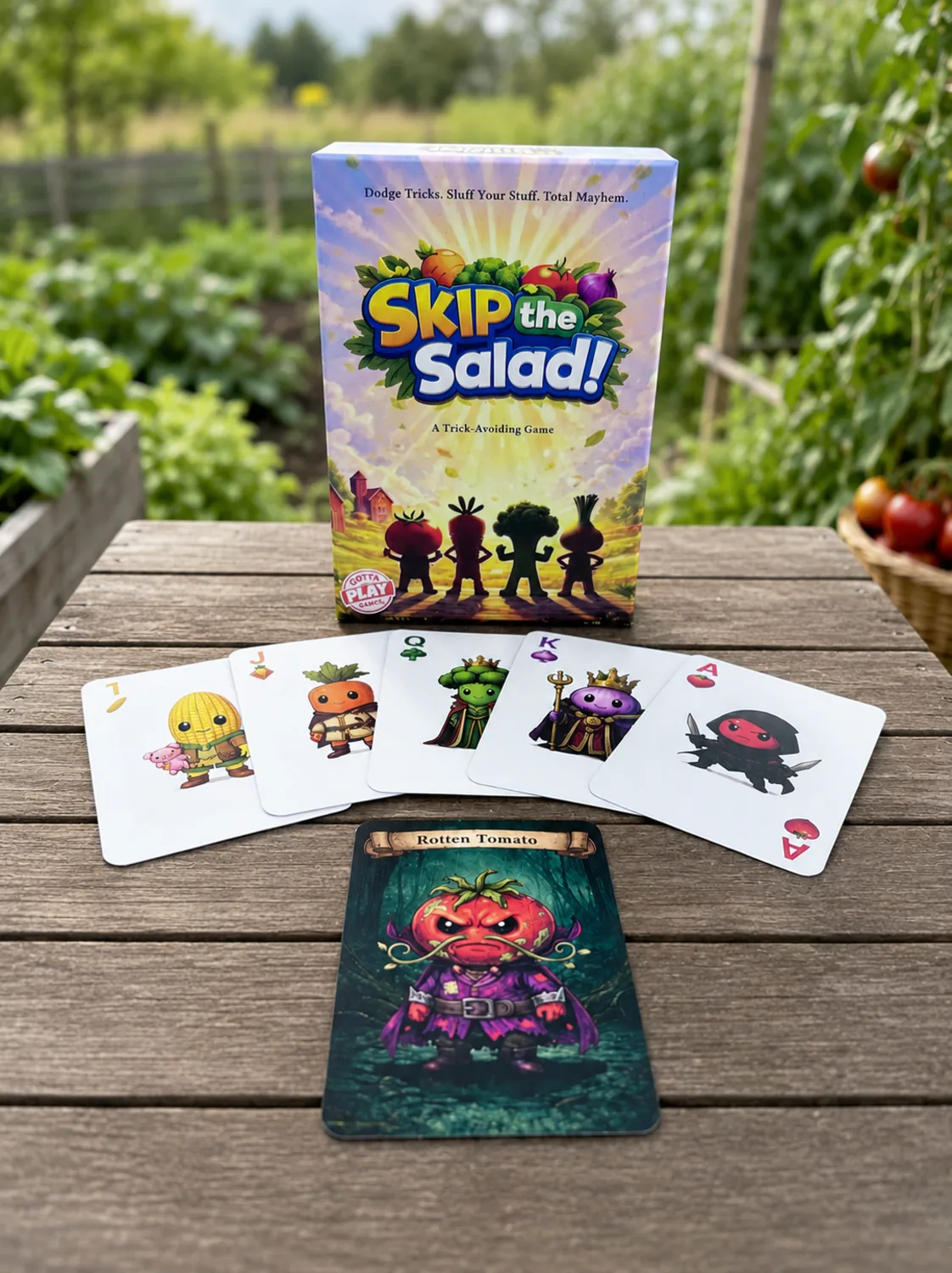 Skip the Salad cards spread out on a garden table